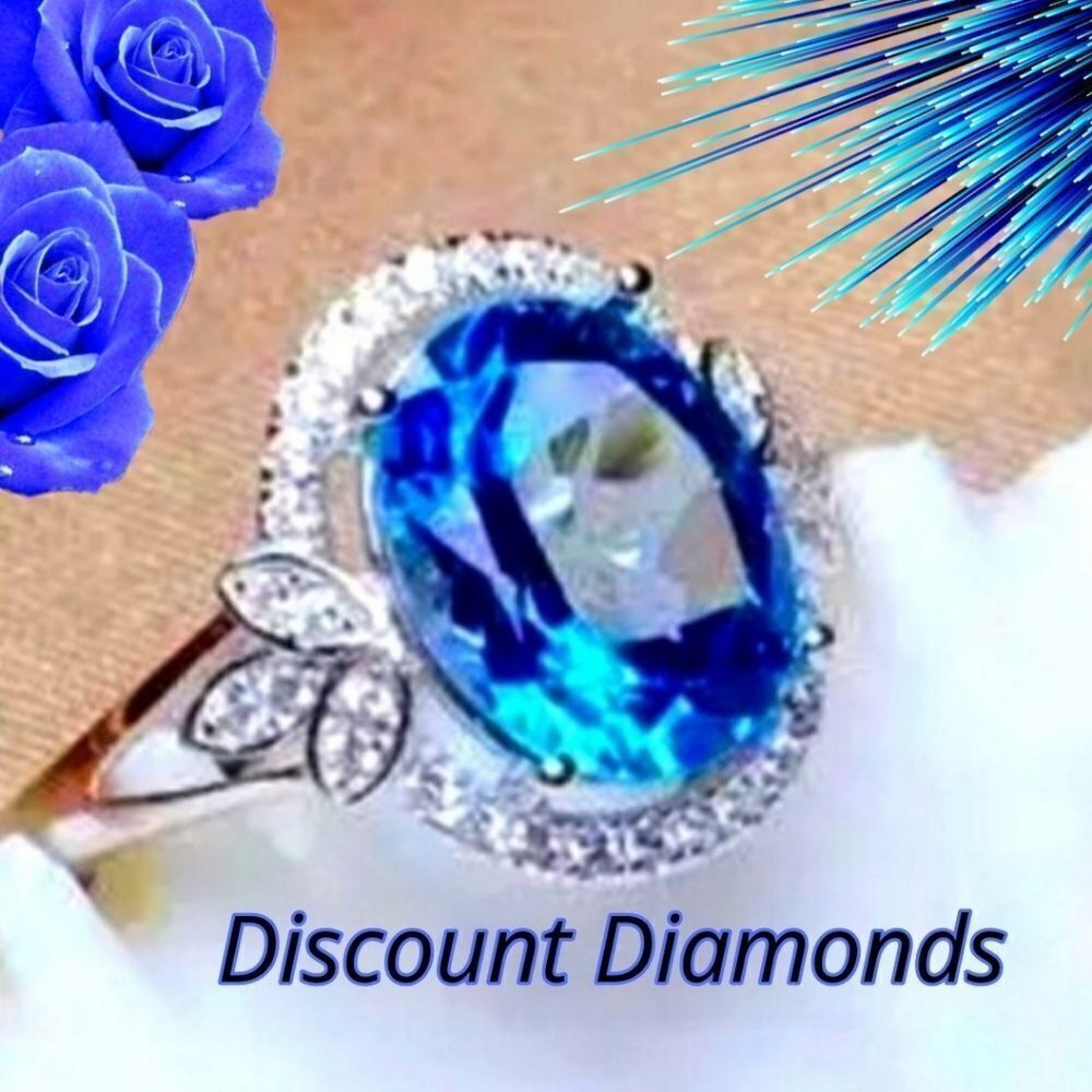 Blue Halo Sapphire Cocktail Ring & Clear White Baguette Diamonds on 925 Silver